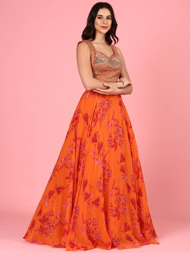 Orange organza embroidered Three piece ghagra set