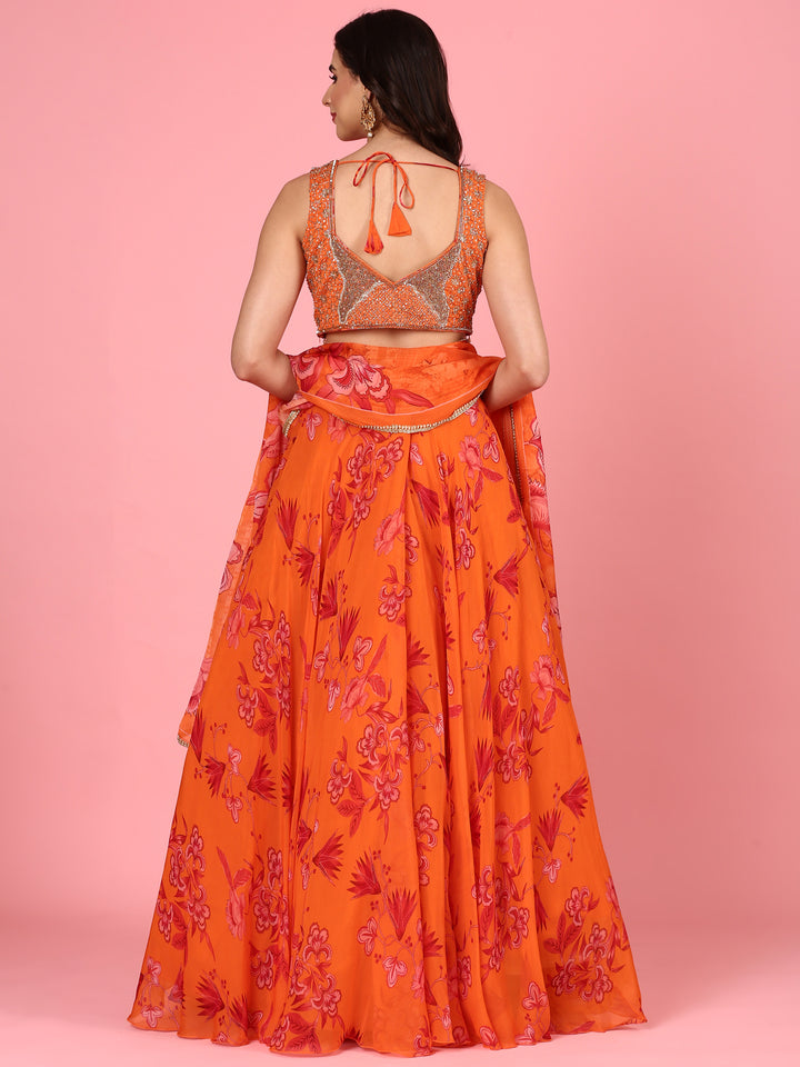 Orange organza embroidered Three piece ghagra set