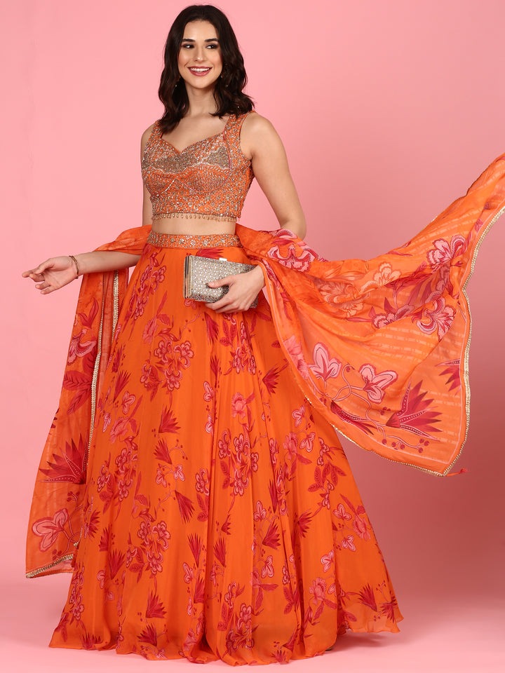 Orange organza embroidered Three piece ghagra set