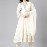 Neerus Cream Solid Anarkali Kurta and Trousers With Dupatta