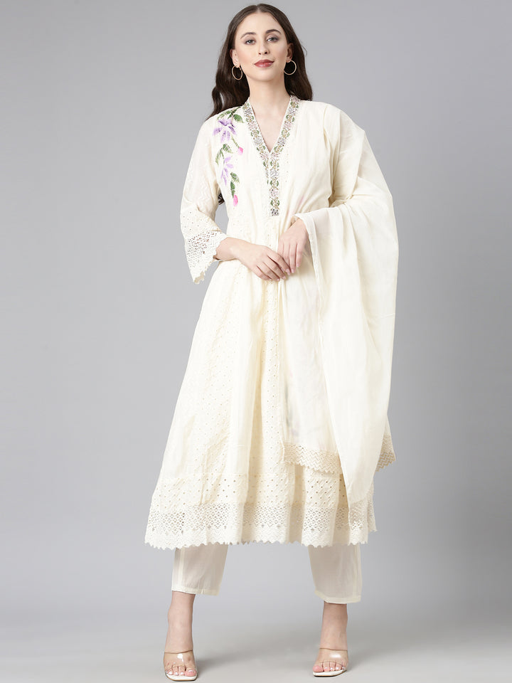 Neerus Cream Solid Anarkali Kurta and Trousers With Dupatta