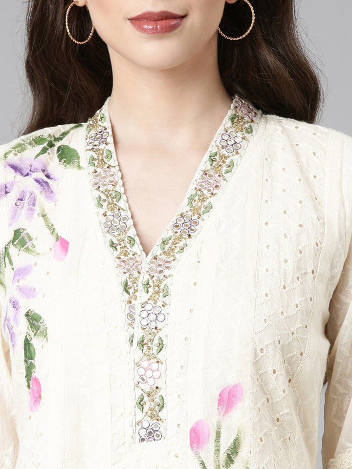 Neerus Cream Solid Anarkali Kurta and Trousers With Dupatta