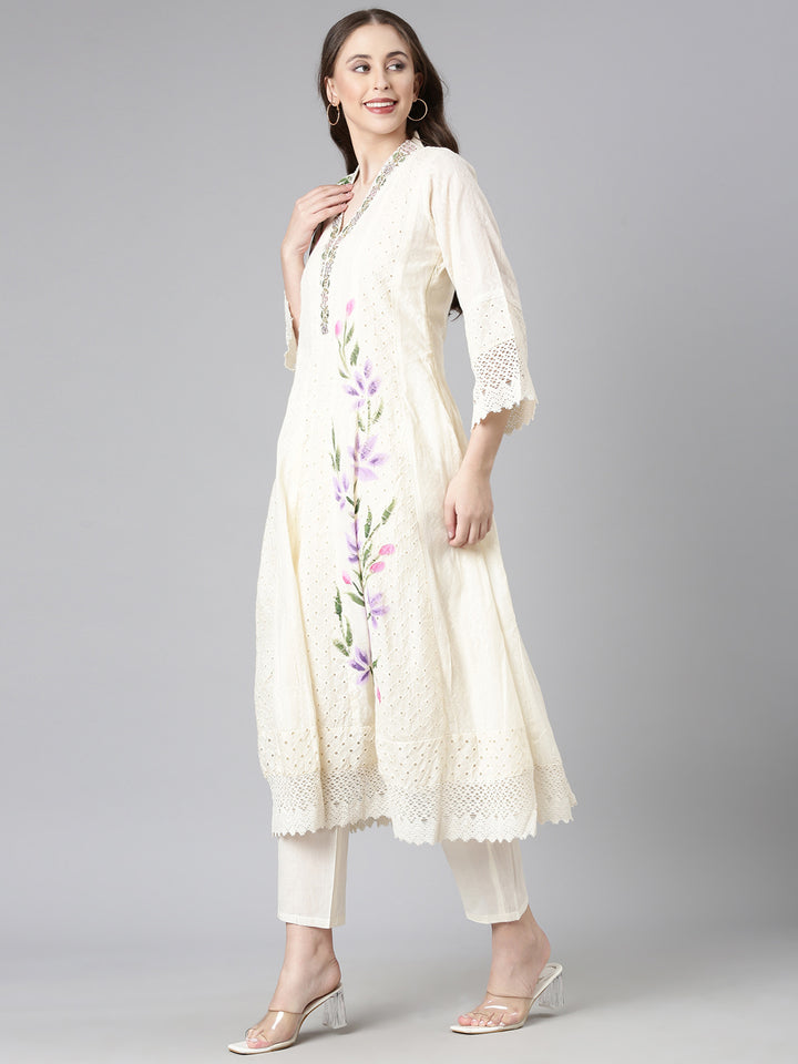 Neerus Cream Solid Anarkali Kurta and Trousers With Dupatta