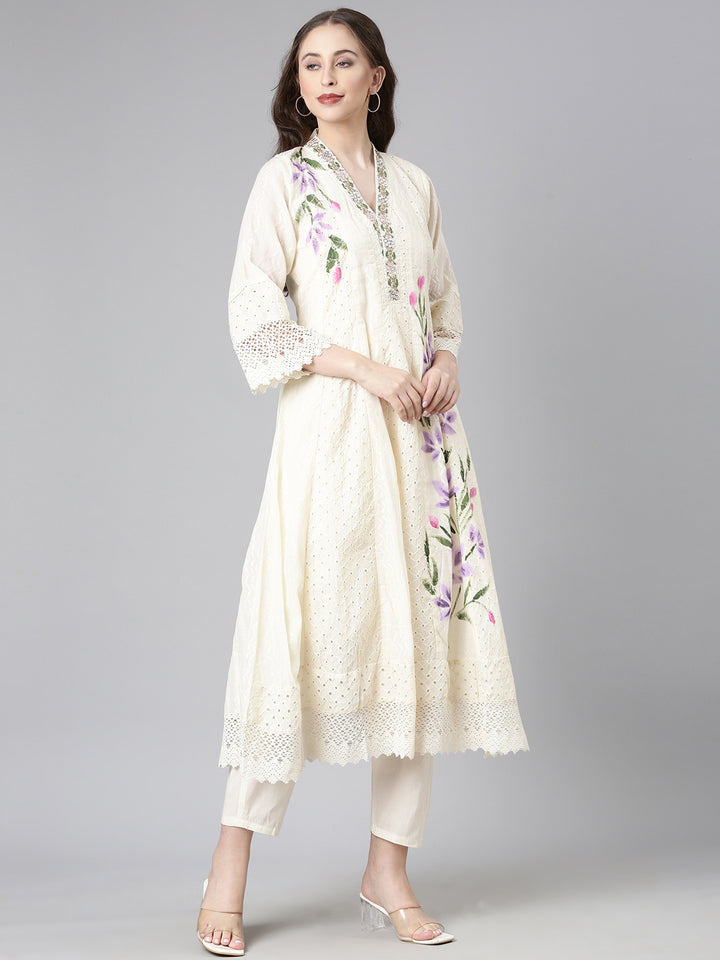 Neerus Cream Solid Anarkali Kurta and Trousers With Dupatta