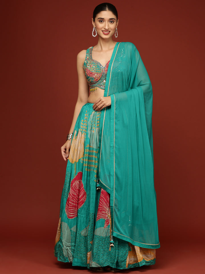 Rama Green Crepe Floral Ghagra Set