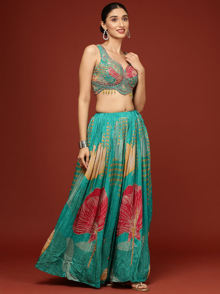 Rama Green Crepe Floral Ghagra Set