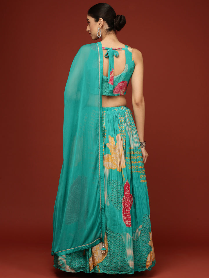 Rama Green Crepe Floral Ghagra Set