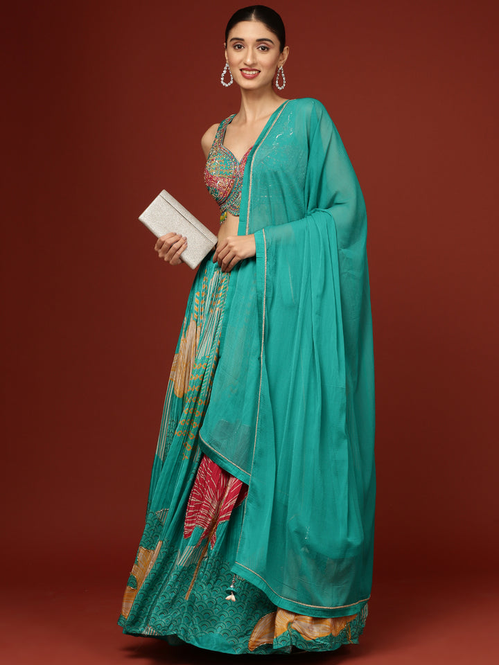 Rama Green Crepe Floral Ghagra Set