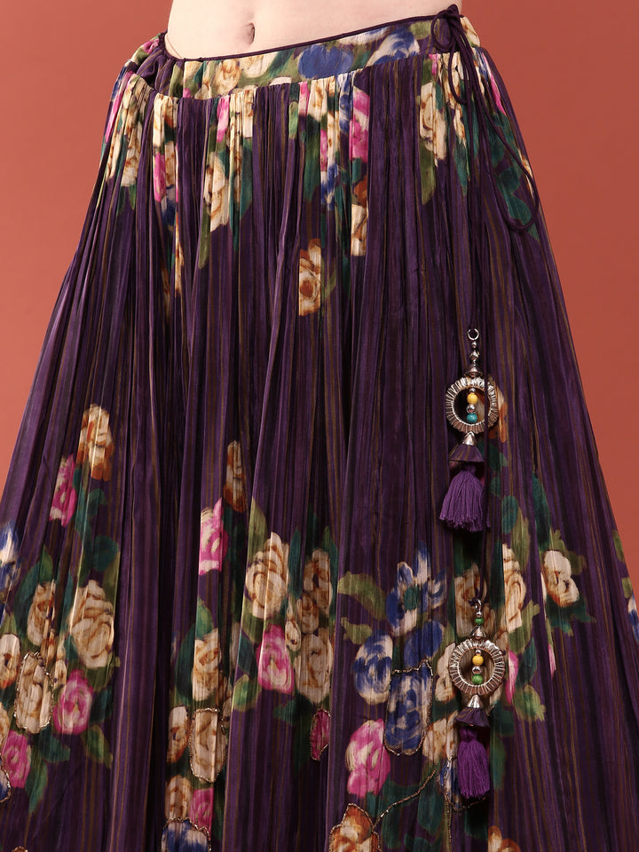 Purple Crepe Hand Embroidered Ghagra Set