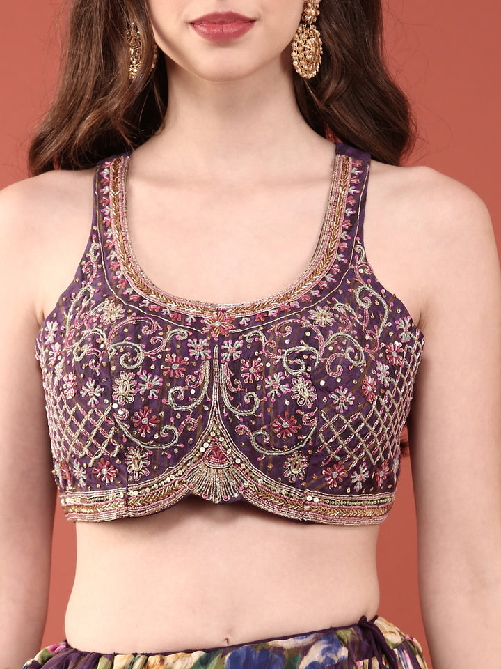 Purple Crepe Hand Embroidered Ghagra Set