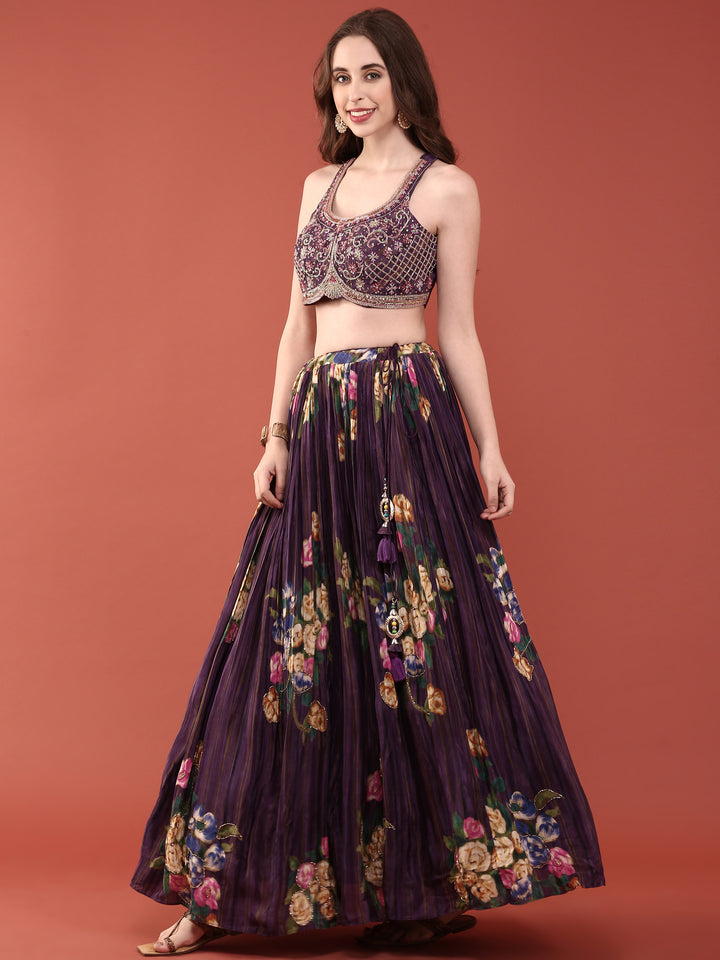 Purple Crepe Hand Embroidered Ghagra Set