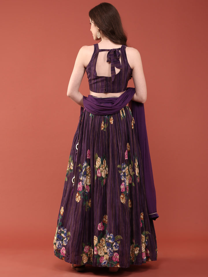 Purple Crepe Hand Embroidered Ghagra Set