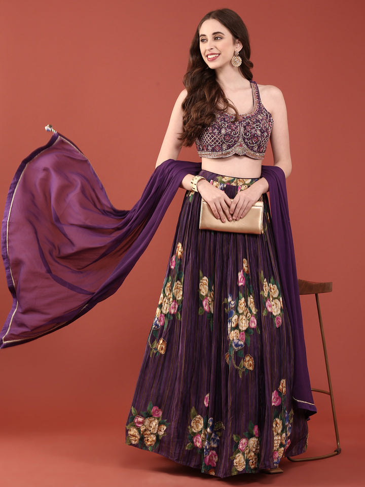 Purple Crepe Hand Embroidered Ghagra Set