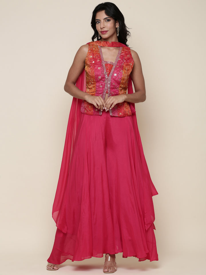 Pink Embroidered jacket flared Palazzo three piece set