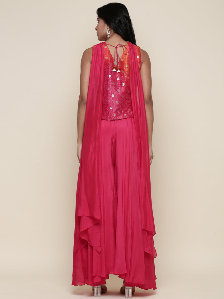 Pink Embroidered jacket flared Palazzo three piece set