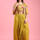 Variyali Green Silk Printed Jacket With Skirt