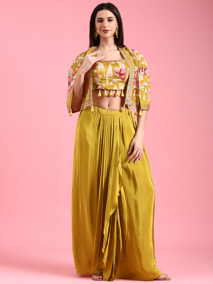 Variyali Green Silk Printed Jacket With Skirt