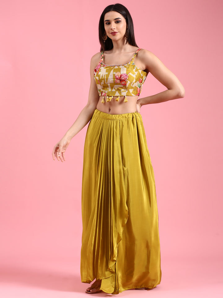 Variyali Green Silk Printed Jacket With Skirt