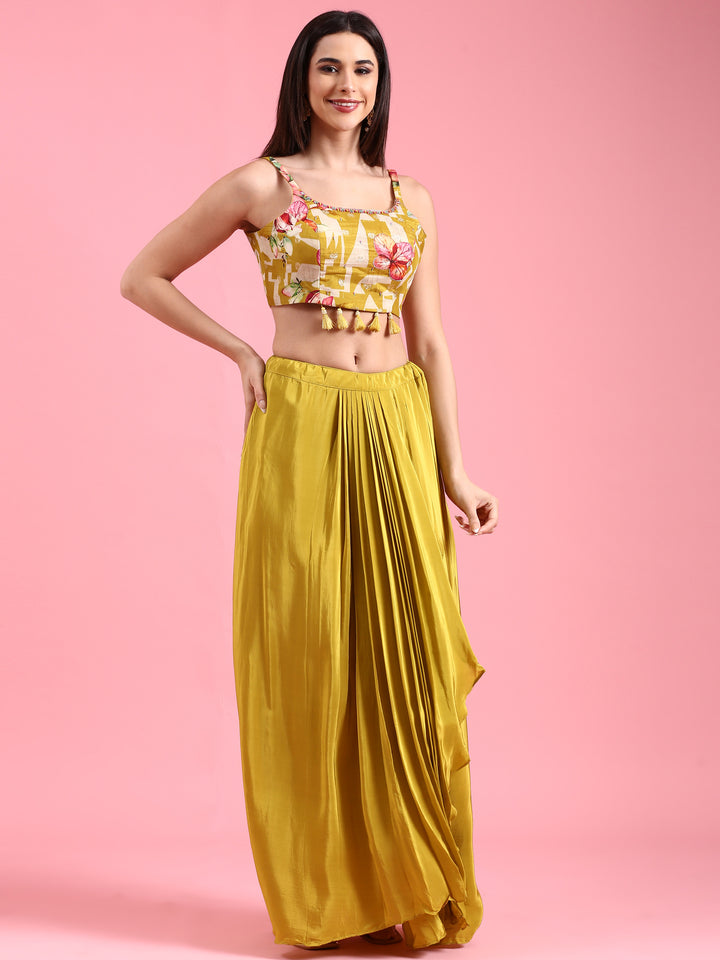 Yellow Organza Printed Jacket With Draped Skirt