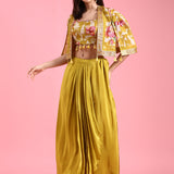 Yellow Organza Printed Jacket With Draped Skirt