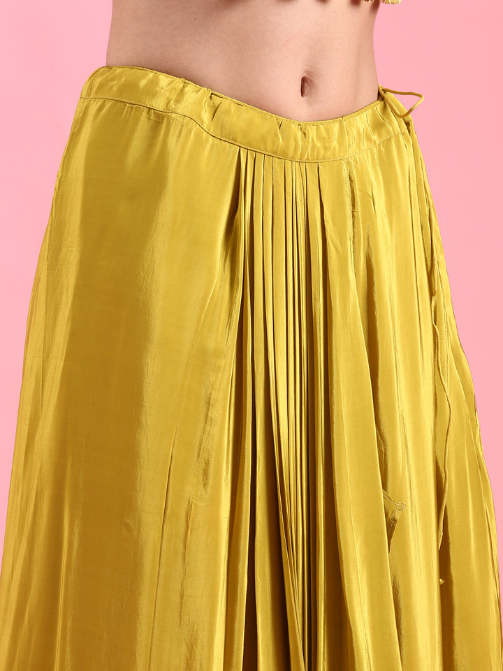 Yellow Organza Printed Jacket With Draped Skirt