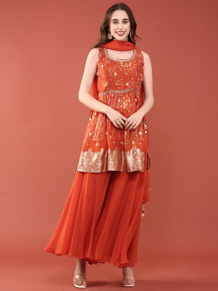 Rust Organza Digital Print With Palazzo Set