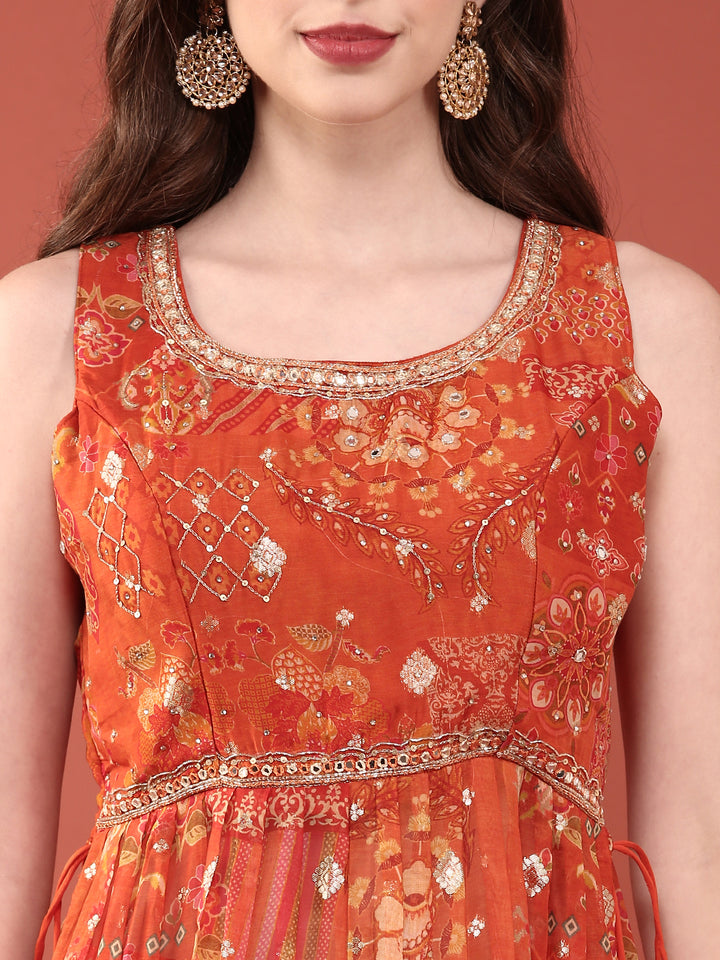Rust Organza Digital Print With Palazzo Set