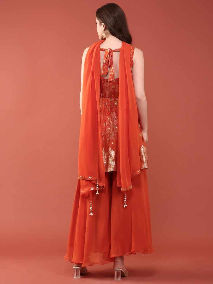 Rust Organza Digital Print With Palazzo Set