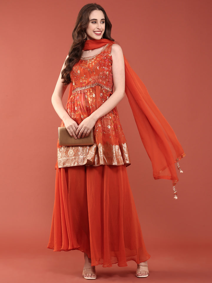 Rust Organza Digital Print With Palazzo Set