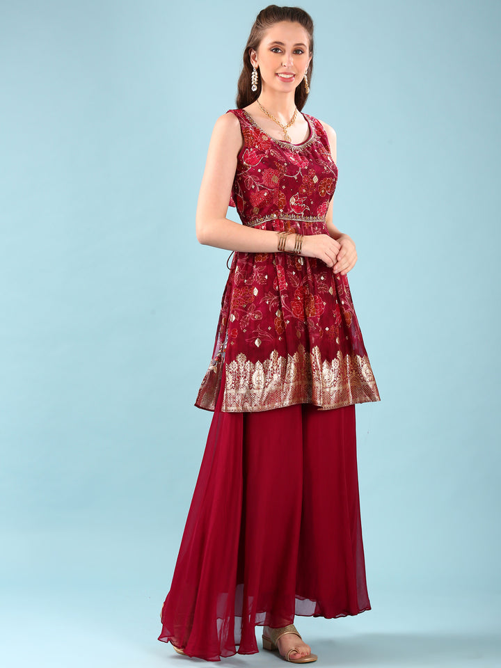 Wine Organza Digital Print Palazzo Set