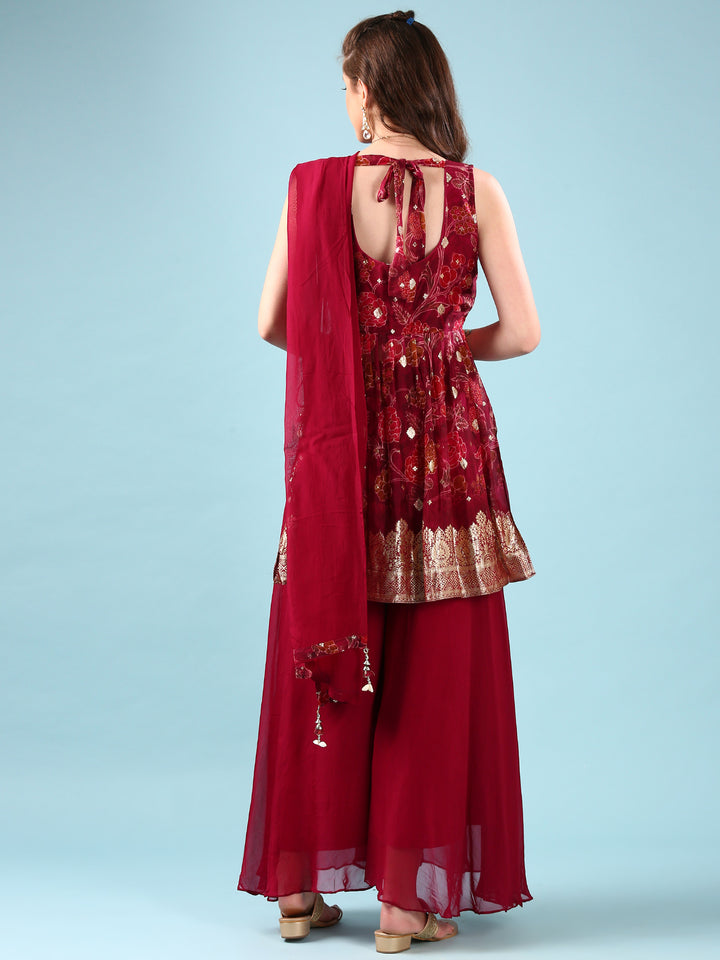 Wine Organza Digital Print Palazzo Set