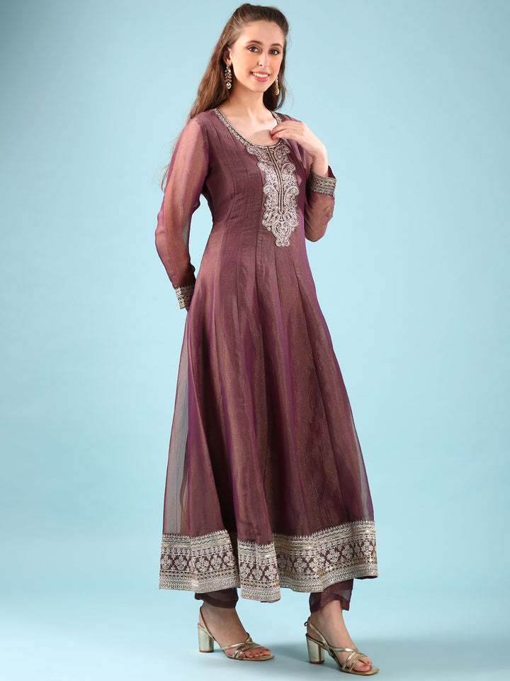 Wine Tissue Anarkali Set