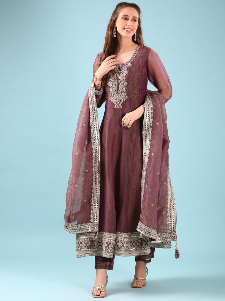 Wine Tissue Anarkali Set