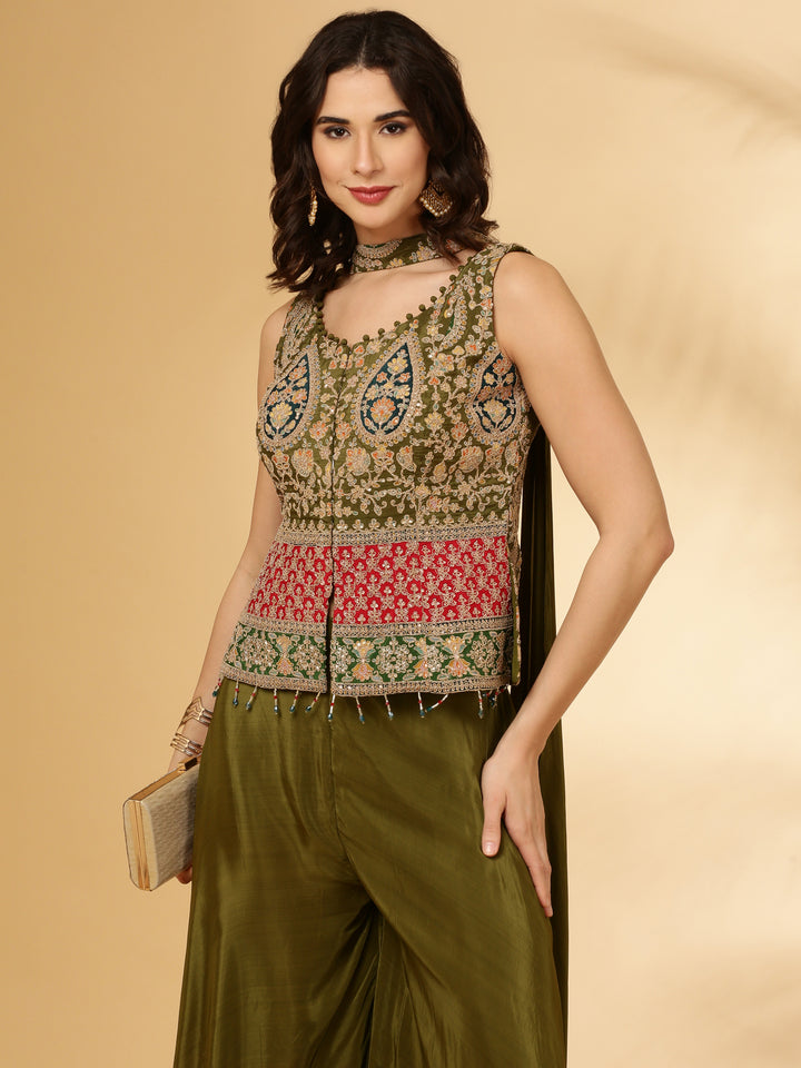 Mehendi Green Chinnon Crop Top Palazzo Set