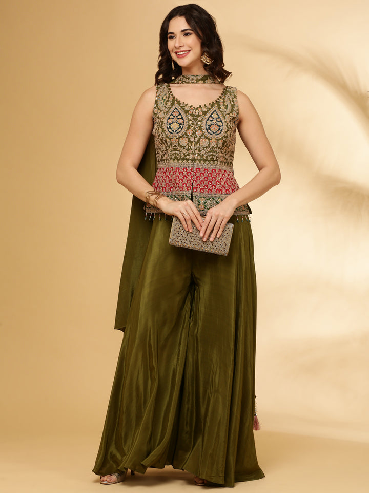 Mehendi Green Chinnon Crop Top Palazzo Set