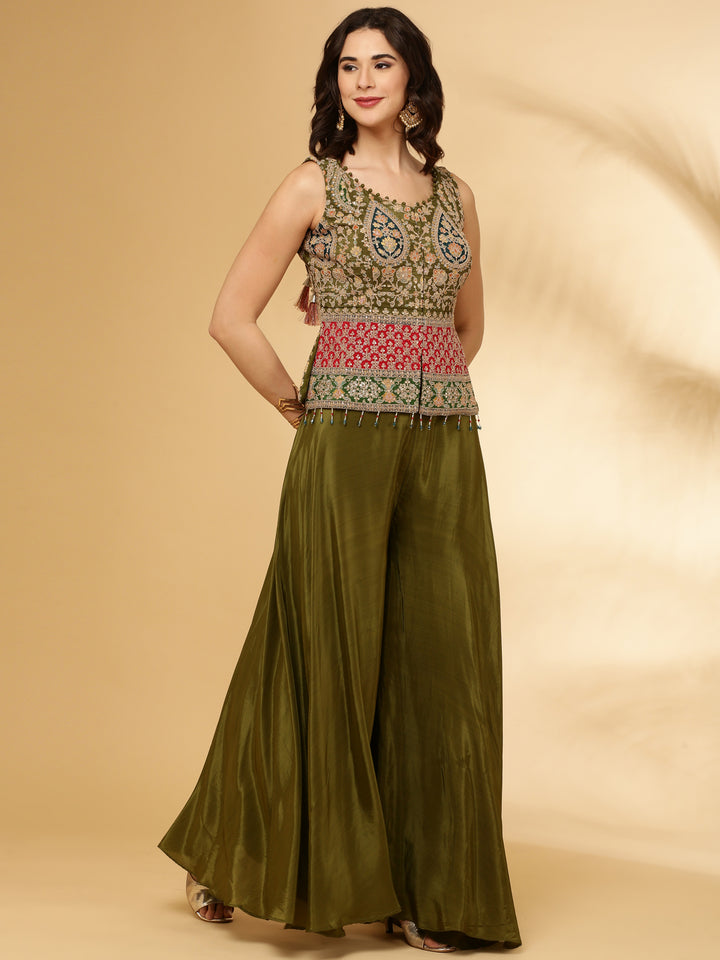 Mehendi Green Chinnon Crop Top Palazzo Set