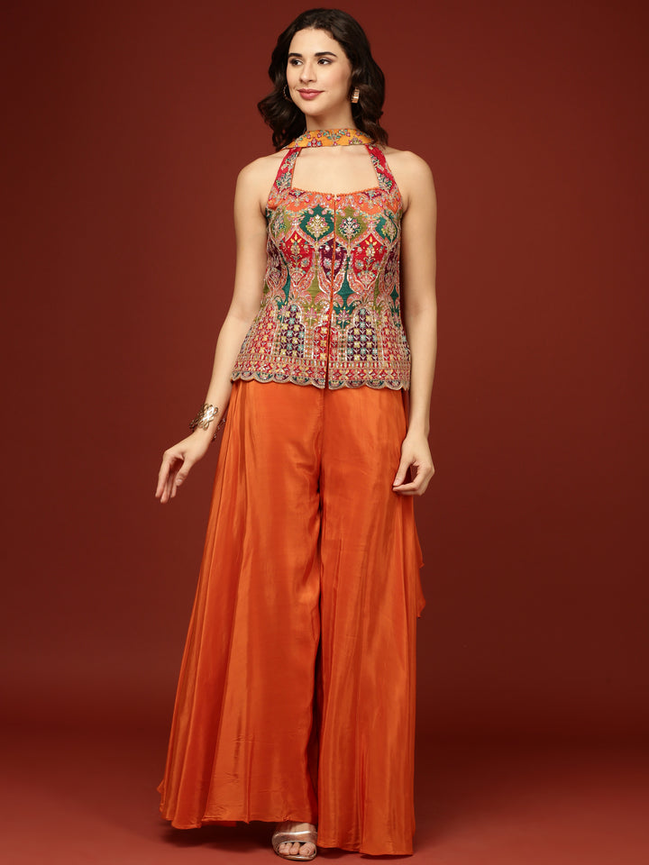 Orange Chinnon Crop Top Palazzo Set