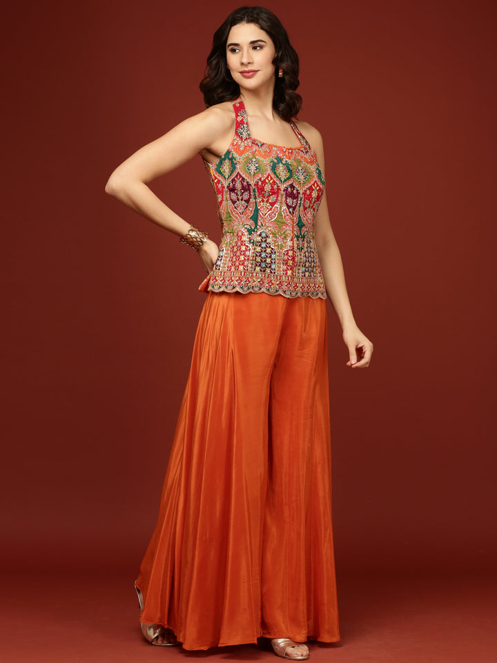 Orange Chinnon Crop Top Palazzo Set