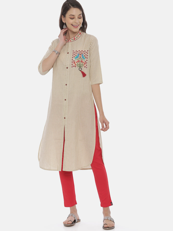 Neerus White cotton embroidered straight kurti - front view