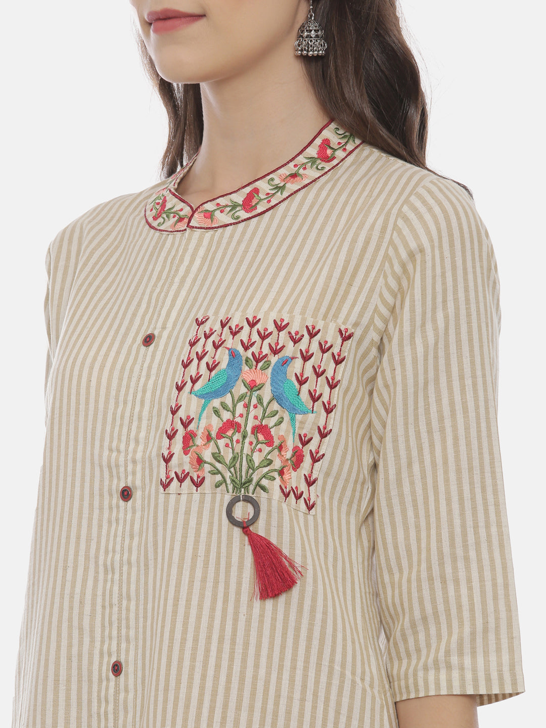 Neerus White cotton embroidered straight kurti - detail view 2