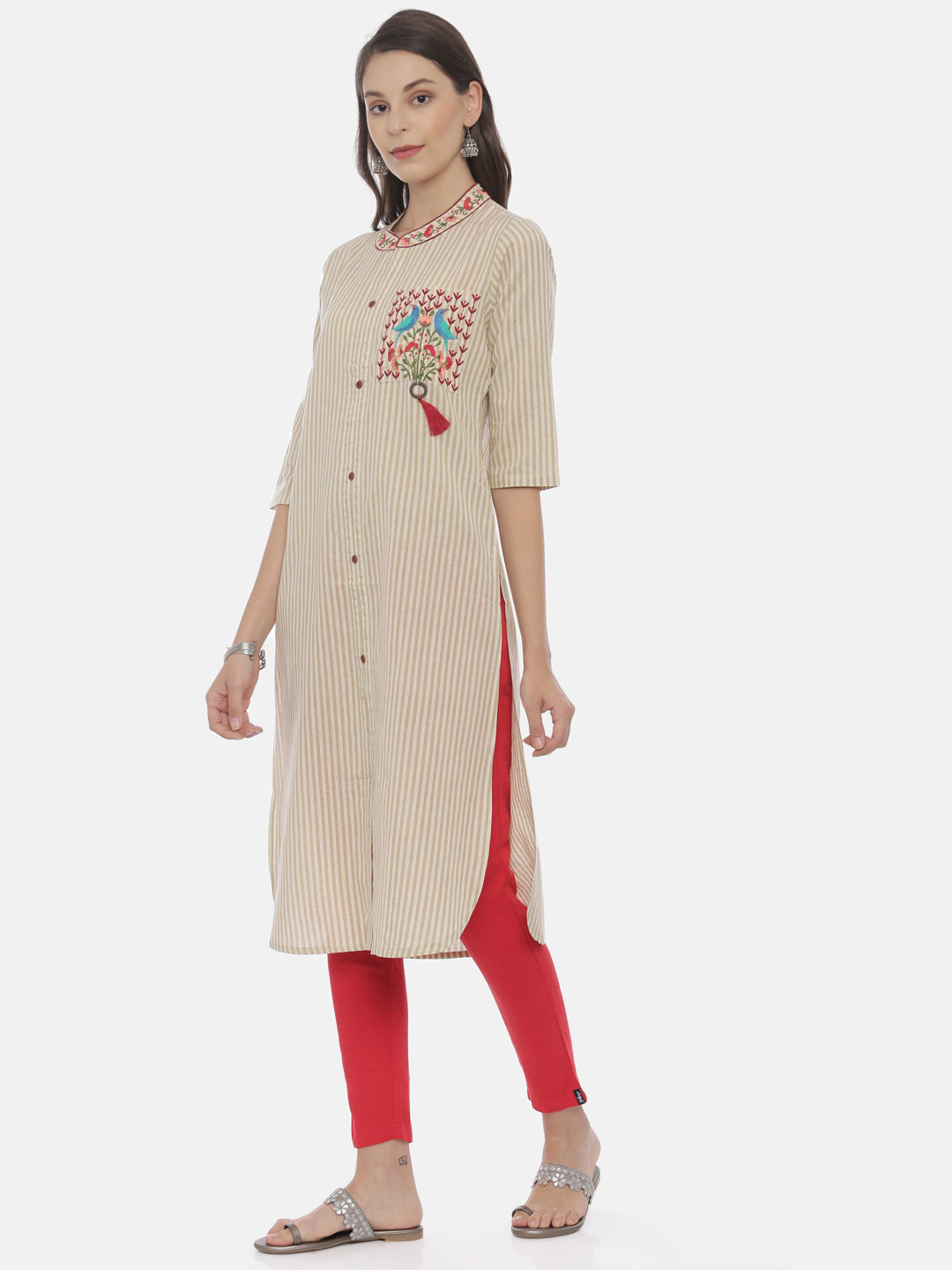 Neerus White cotton embroidered straight kurti - back view