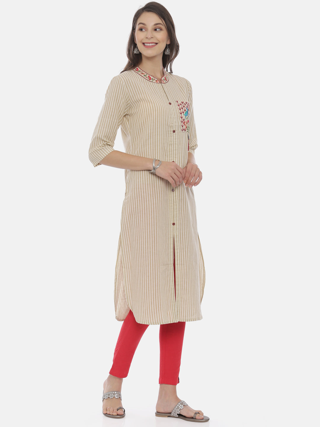 Neerus White cotton embroidered straight kurti - side view