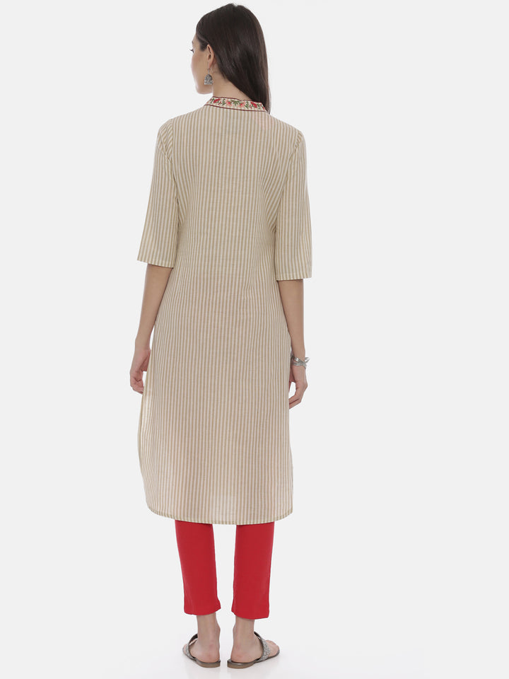Neerus White cotton embroidered straight kurti - detail view 1