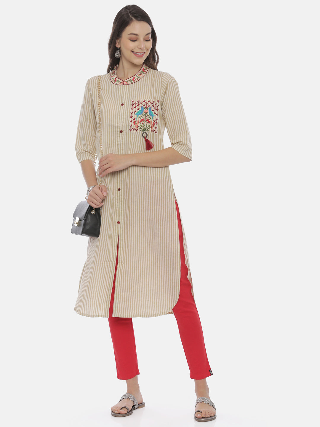 Neerus White cotton embroidered straight kurti - detail view 3