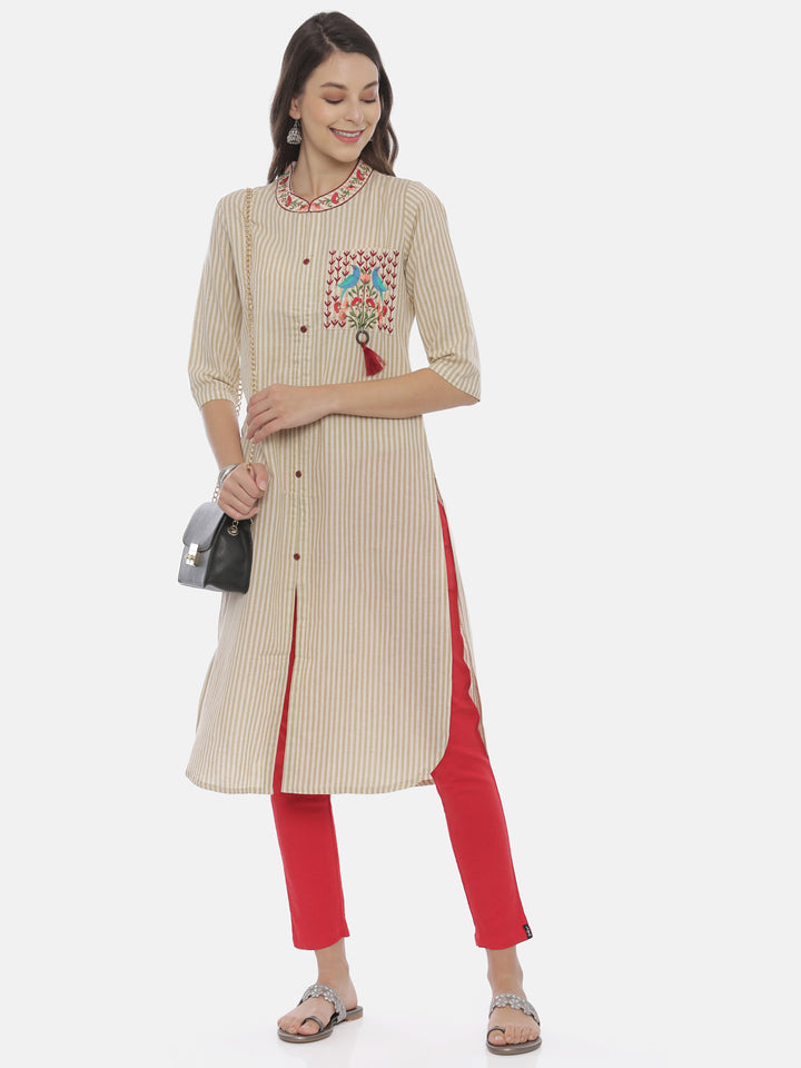 Neerus White cotton embroidered straight kurti - detail view 3