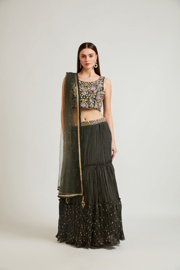 Neerus Green crepe flared lehenga set - front view