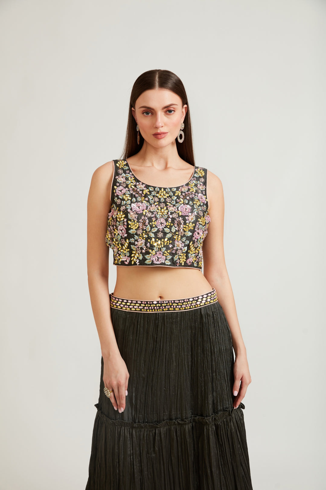 Neerus Green crepe flared lehenga set - detail view 1