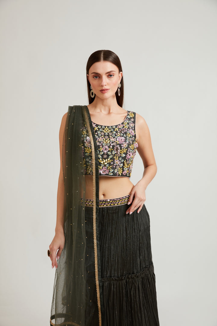 Neerus Green crepe flared lehenga set - detail view 2