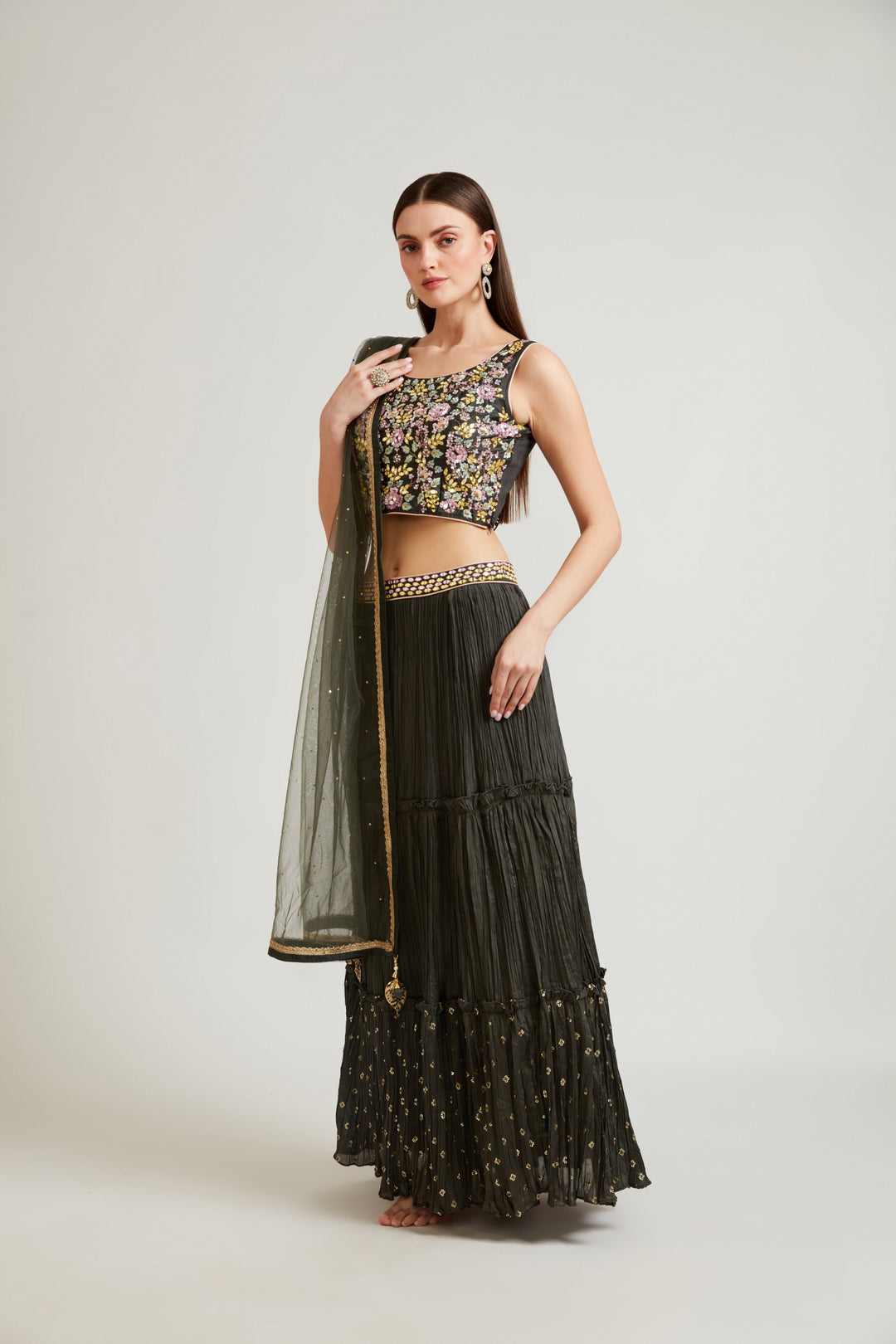 Neerus Green crepe flared lehenga set - back view