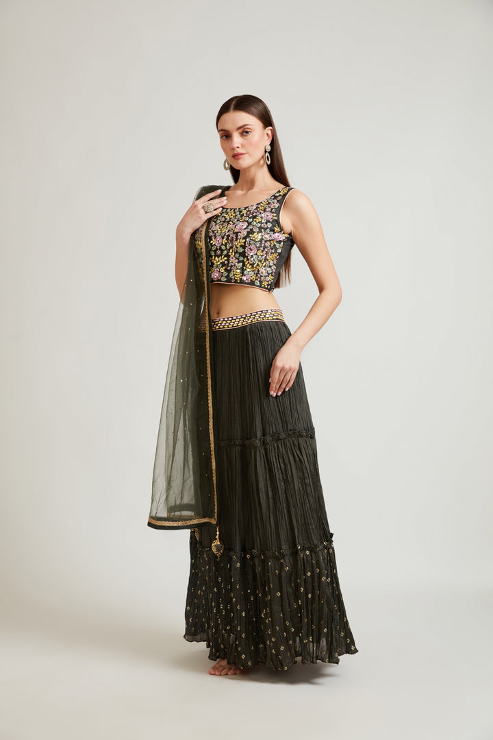 Neerus Green crepe flared lehenga set - back view